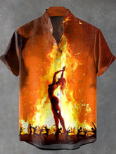 Dancing Over The Campfire Vintage Print Cotton Linen Casual Shirt