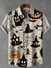 Happy Halloween Retro Dark Pumpkin Bat Print Cotton Linen Casual Shirt
