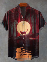 Blood Moon Forest Single Plank Bridge Cat Art Print Cotton Linen Casual Shirt