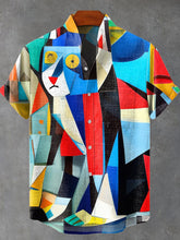 Abstract Color Block Cat Vintage Print Cotton Linen Casual Shirt