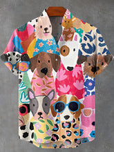 Colorful Flower Shirt Cartoon Puppy Vintage Print Cotton Linen Casual Shirt