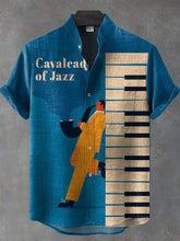 Vintage Blue Musicians Graphic Art Cotton Linen Casual Shirt