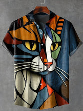 Cat Abstract Art Print Lapel Cotton Linen Casual Shirt