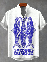Blue Sardines Vintage Print Cotton Linen Casual Shirt