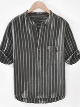 Men's Casual Striped Print Half Button Pocket Short Sleeve T-Shirt