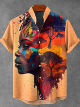 Ethnic Style Woman's Side Face and Woods Combined Decorative Pattern Cotton Linen Casual Shirt