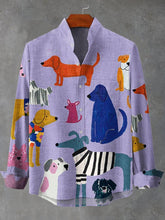Dog Art Print Cotton Linen Long Sleeve Shirt