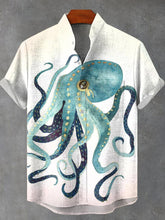 Green Ink Octopus Vintage Print Cotton Linen Casual Shirt