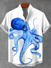 Blue Ink Octopus Vintage Print Cotton Linen Casual Shirt