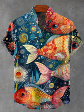 Colored Pattern Fish Vintage Print Cotton Linen Casual Shirt