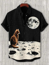 Men's Moon Cat Space Adventure Print Casual Cotton Linen Shirt