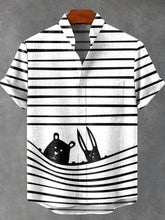 Bear and Rabbit Watching Art Print Cotton Linen Casual Shirt