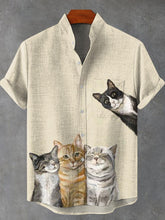 Cats' Party Art Print Cotton Linen Casual Shirt