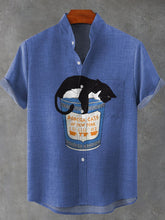 Cat Waits for The Instant Noodles To Be Soaked Art Print Cotton Linen Casual Shirt