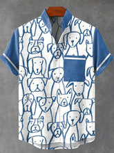 Blue Lines Doodle Dogs Art Print Cotton Linen Casual Shirt