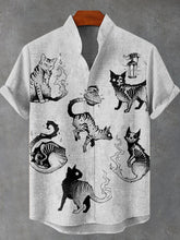 Black Cat Skeleton Vintage Print Cotton Linen Casual Shirt