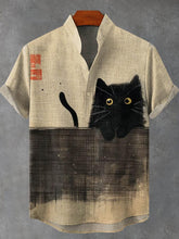 Vintage Fun Black Cat Art Print Casual Cotton Linen Shirt