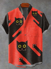 Funny Black Cat Pattern On Red Background Cotton Linen Casual Shirt