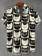 Print Style Black and White Cat Decorative Pattern Casual Cotton Linen Shirt