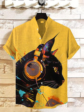Men's Cool Cat With Headphones Music Art Print Cotton Linen Casual Shirt