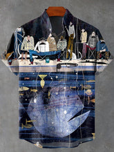 Fishermen Vintage Print Cotton Linen Casual Shirt