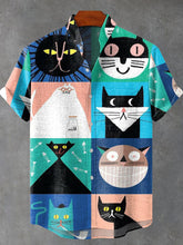Cute Animals Cats Geometric Art Print Cotton Linen Casual Shirt