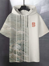 Men's Japanese Art Patchwork Wave Print Hooded T-Shirt