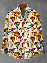 Retro Mushroom Art Print Cotton Linen Long Sleeve Shirt