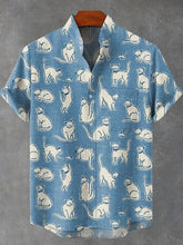 Fresh Blue Kitten Print Vintage Print Cotton Linen Casual Shirt