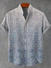 Gradient Blue Ethnic Print Vintage Print Cotton Linen Casual Shirt