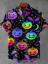 Halloween Night Colorful Pumpkin Head Art Print Cotton Linen Casual Shirt