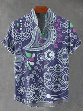 Doodle Paisley Pattern Dark Blue Fabric Art Print Cotton Linen Casual Shirt