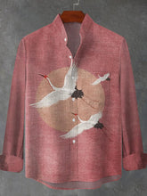 Flying Crane Japanese Art Print Cotton Linen Long Sleeve Shirt