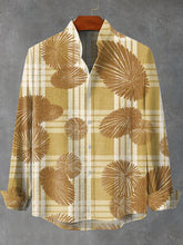 Retro Scalloped Leaf Plaid Print Cotton Linen Long Sleeve Shirt