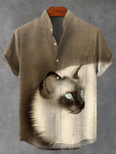 Cute Animals Siamese Cat Watercolor Painting Funny Art Print Cotton Linen Casual Shirt