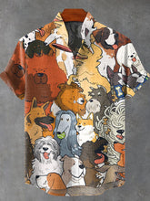 Art Painting Group of Dogs Print Casual Cotton Linen Shirt