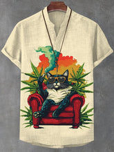 Men's Chilling Smoking Cat Leaf Vacation Art Print V Neck T-Shirt