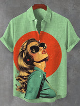 Men's Girl With Record Earrings Vintage Art Print Cotton Linen Shirt