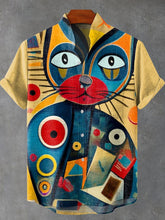 Abstract Art Cat Vintage Print Cotton Linen Casual Shirt