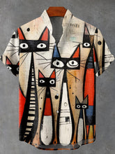 Vintage Cat Art Print Casual Cotton Linen Shirt