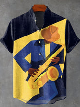 Decorative Pattern Of Saxophone Player Under Spotlight Musicians Art Cotton Linen Casual Shirt