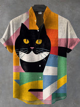 Vintage Cartoon Square Combination Cat Art Print Casual Cotton Linen Shirt