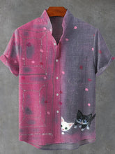 Cat Waiting At The Door Art Print Cotton Linen Casual Shirt