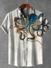 Deep Sea Octopus Art Print Lapel Cotton Linen Casual Shirt