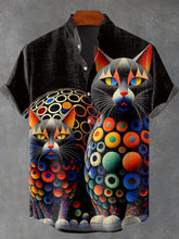Colored Polka Dot Cat Vintage Print Cotton Linen Casual Shirt