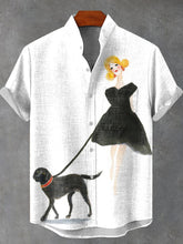 Black Labrador Retriever Dog Art with Blonde Girl In Black Dress Animal Vintage Print Cotton Linen Casual Shirt