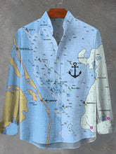 Nautical Map Anchor Graphic Print Cotton Linen Long Sleeve Shirt
