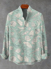 Retro Hand Drawn Cute Conch Sea Fish Print Cotton Linen Long Sleeve Shirt