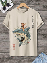 Men's Japanese Wave Samurai Cat Shark Print Cotton Casual T-Shirt