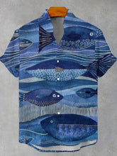 Men's Fish Art Print Casual Cotton Linen Short Sleeve Shirt